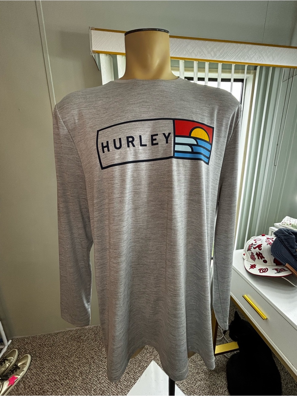 Hurley Gray Long-Sleeve Logo Tee with Sunset Graphic